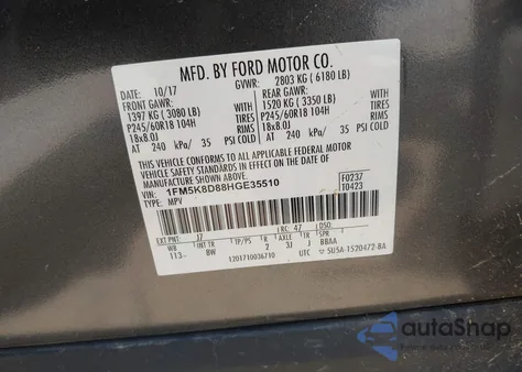 2017 Ford Explorer Xlt from USA, damaged, VIN 1FM5K8D88HGE35510